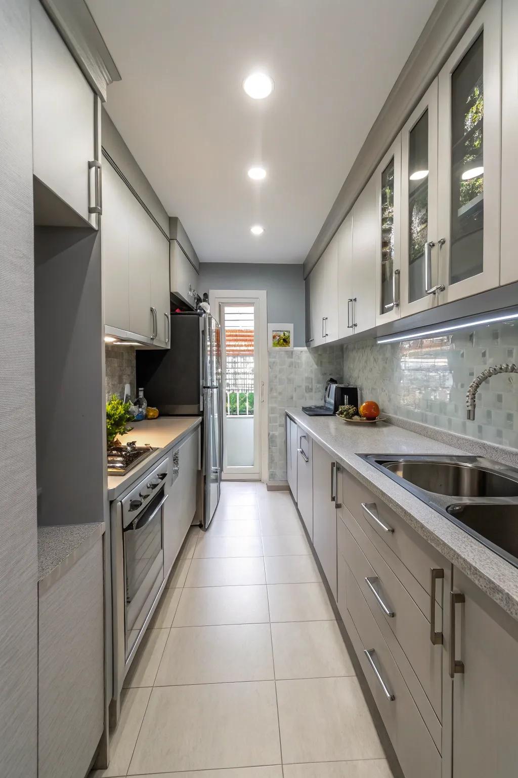 Passageway configurations streamline movement in narrow kitchens.