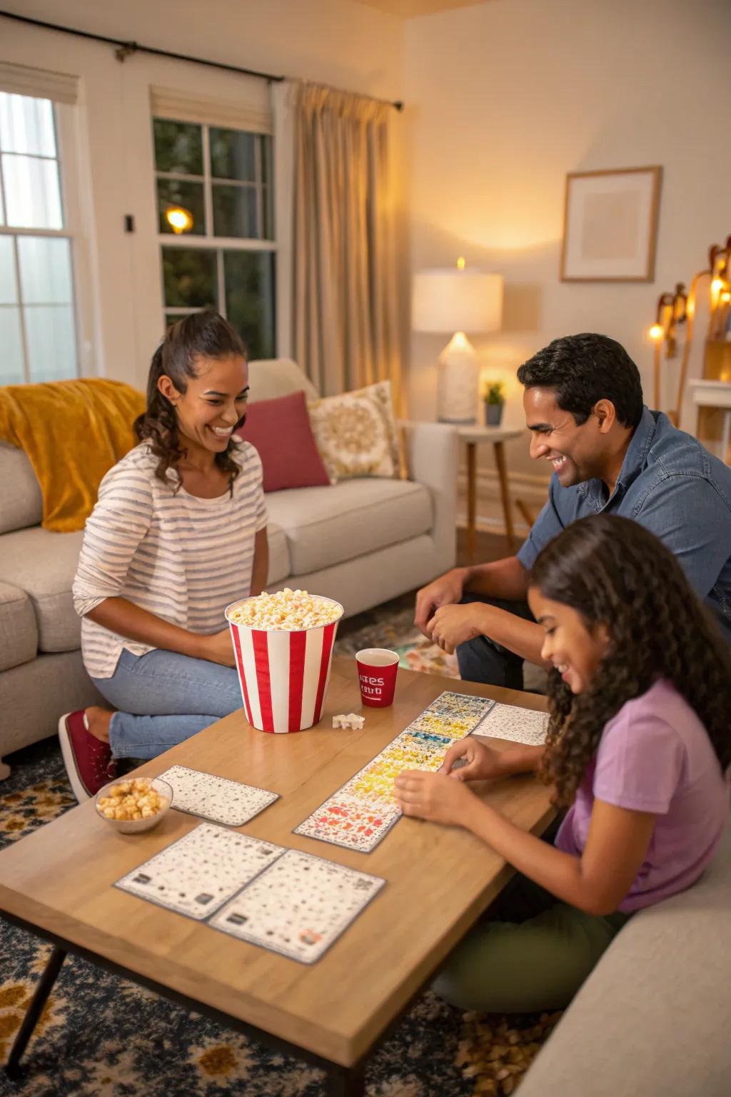 Family relishing a popcorn-themed linguistic game evening.