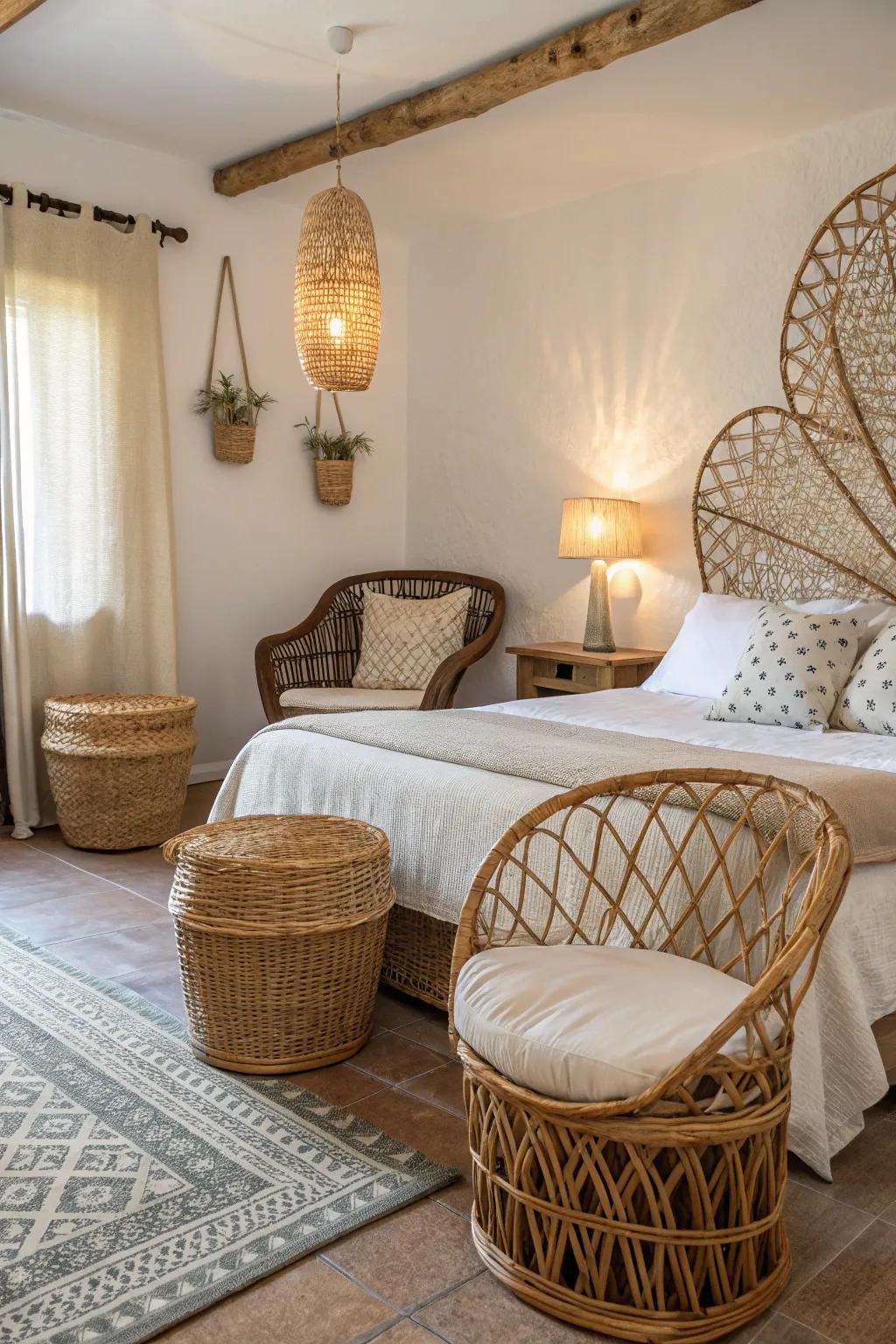 Rattan and wicker add rustic charm to this bedroom.