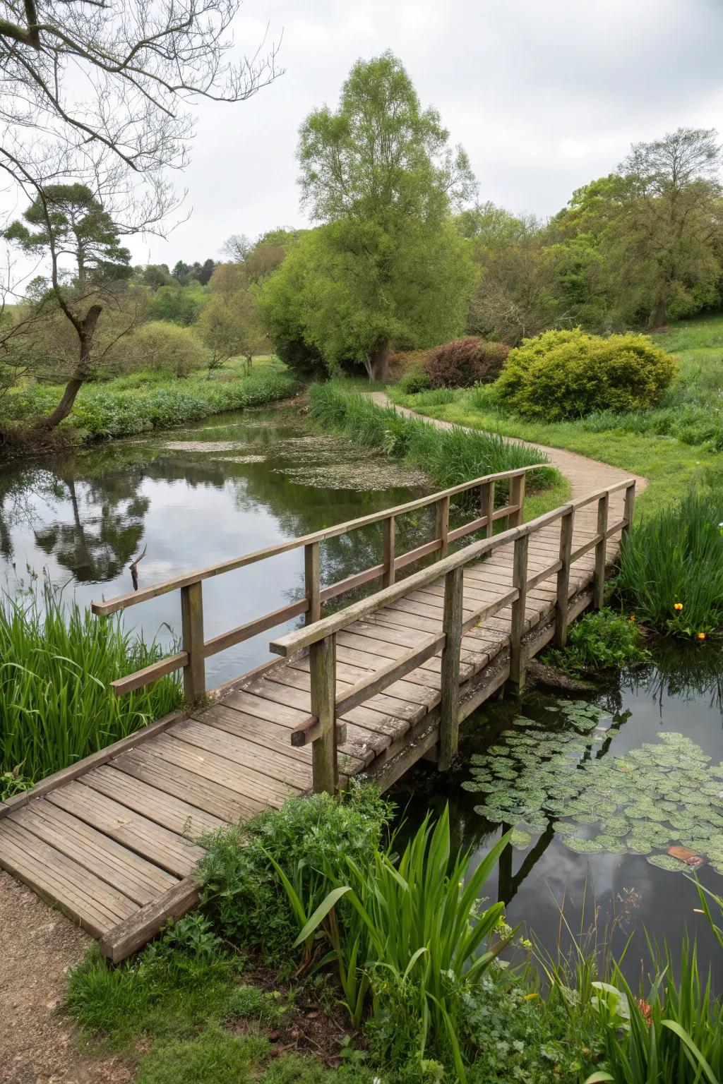 An enchanting footbridge lending individuality and purpose to a water garden setting.