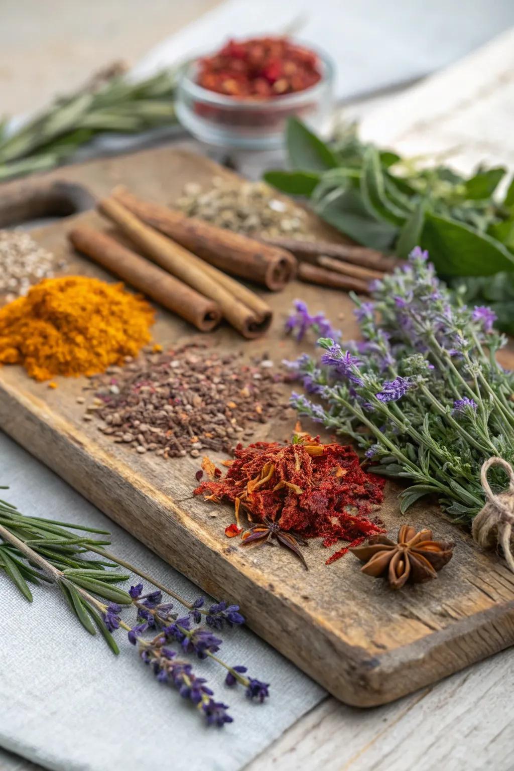 A fragrant collage employing desiccated herbs and spices.