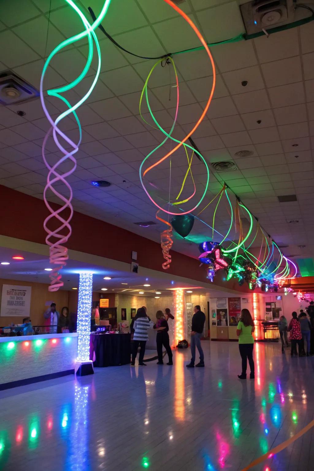 Hanging radiant ribbons and threads crafting a dynamic atmosphere in a glowing party room.