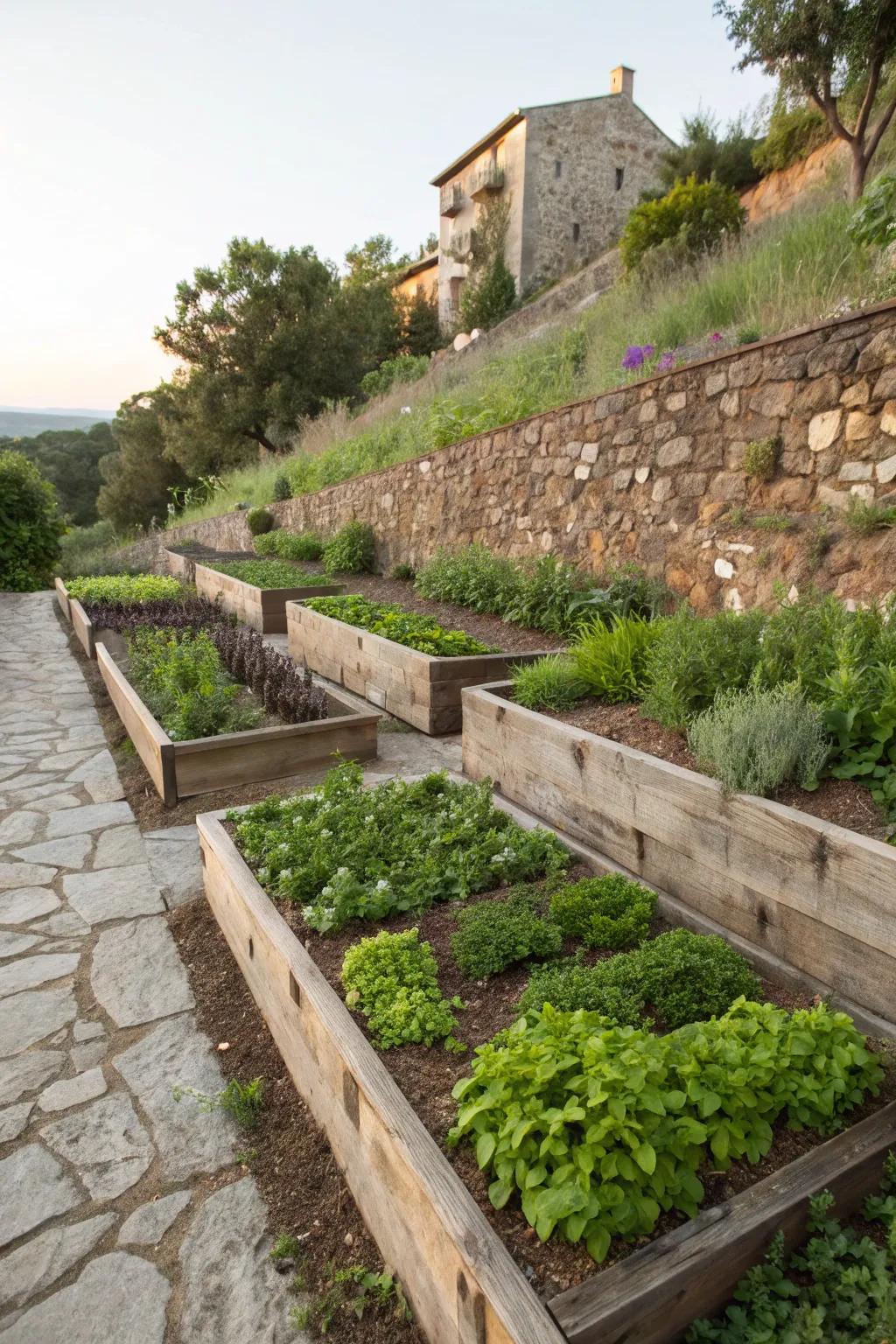 A gorgeous and functional garden incorporating elevated beds on a slope.