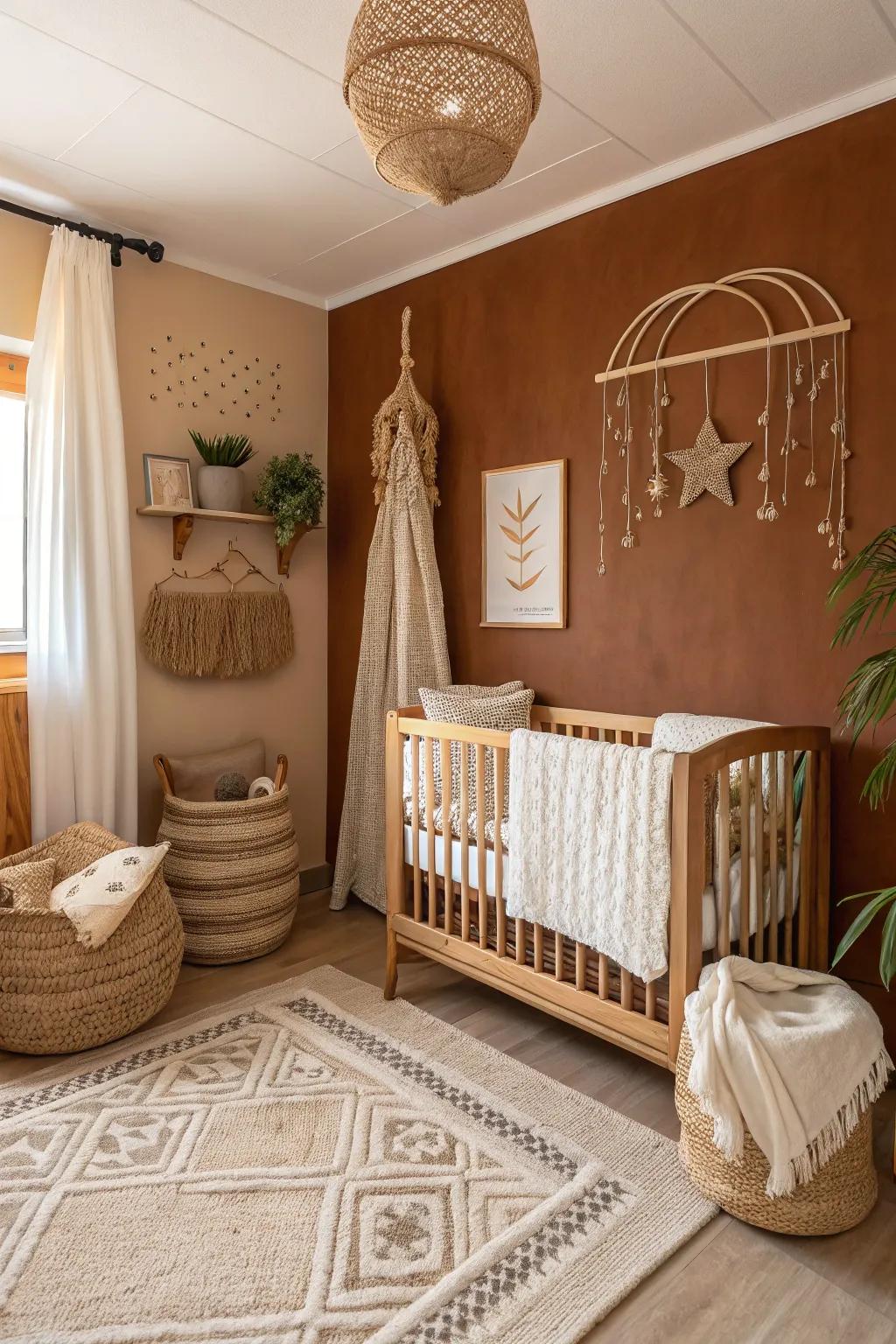A comforting nursery boasting warm brown shades.