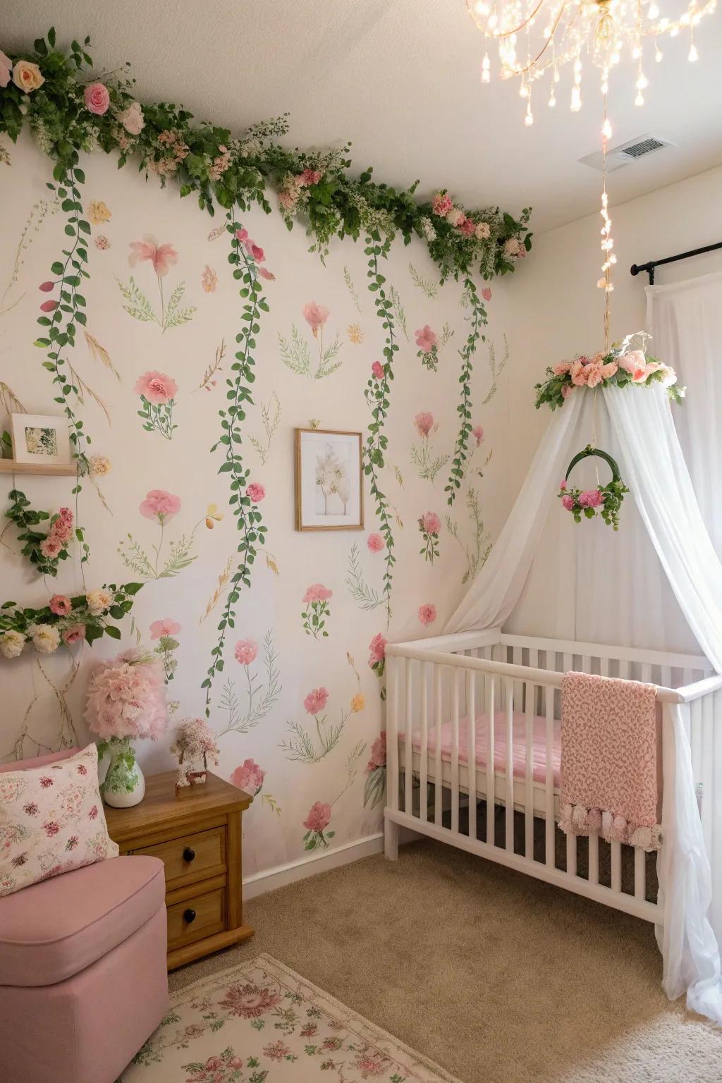 A nature-infused nursery flourishing with floral and botanical-inspired ornamentation.