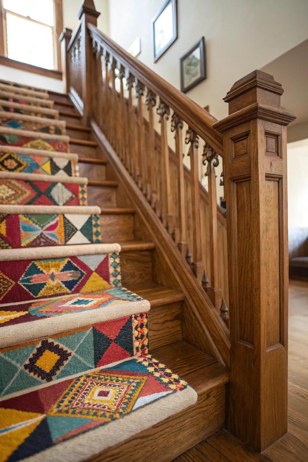 A vibrant stair runner adding warmth and style to a maple staircase.