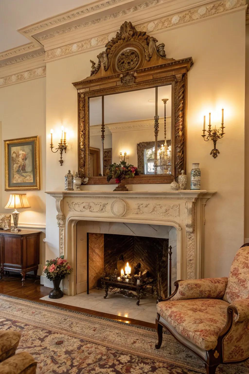 Vintage mirrors enhance elegance and light.
