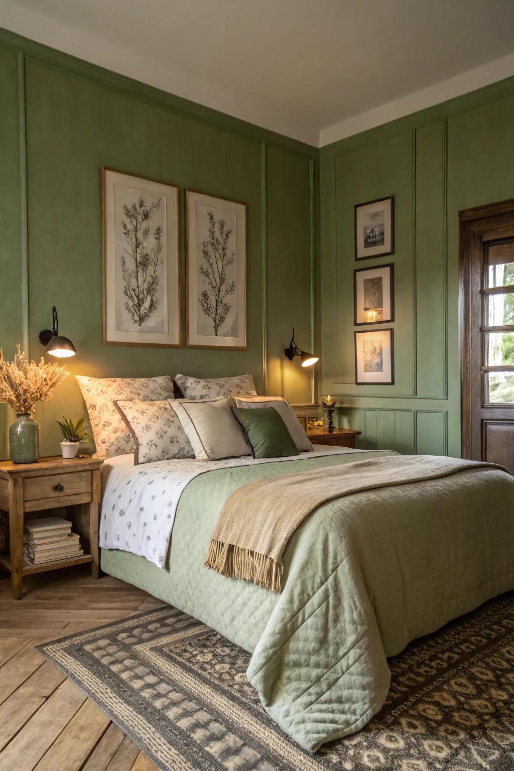 A tranquil bedroom escape with calming leafy green walls.