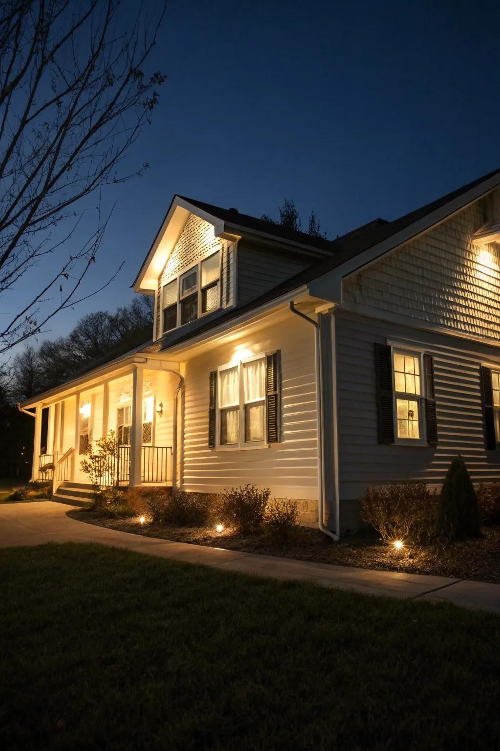 Exterior lighting adds drama and beautifully highlights the siding.