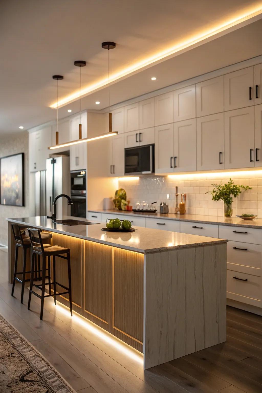 Under-cabinet lighting enhances the kitchen’s elegance and functionality.