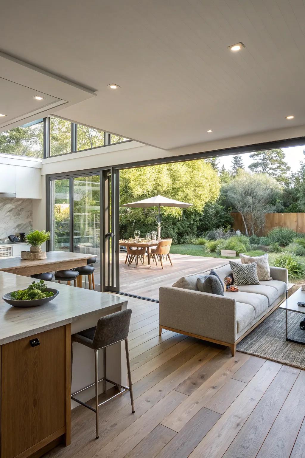 Uninterrupted shift from indoor to outdoor dwelling in an open-concept design.