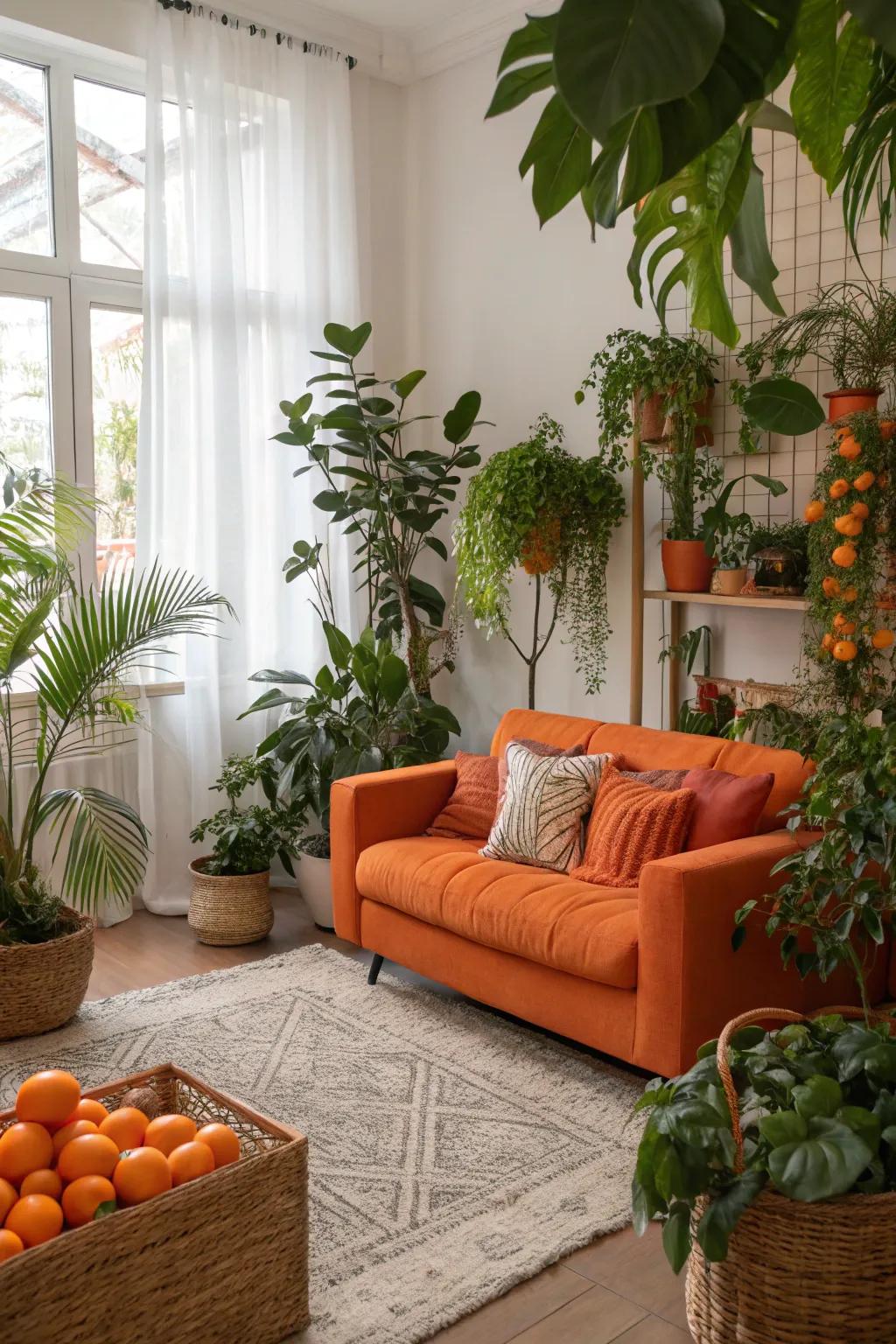A naturally lit living room featuring orange decor and organic elements like plants.