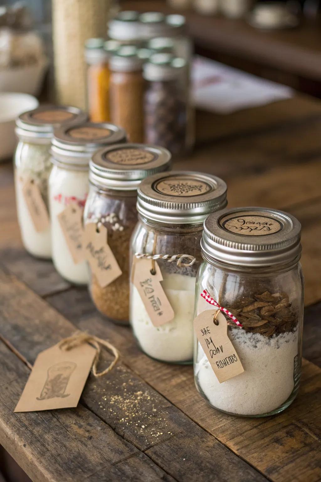Repurposed bottles provide stylish and functional storage options.
