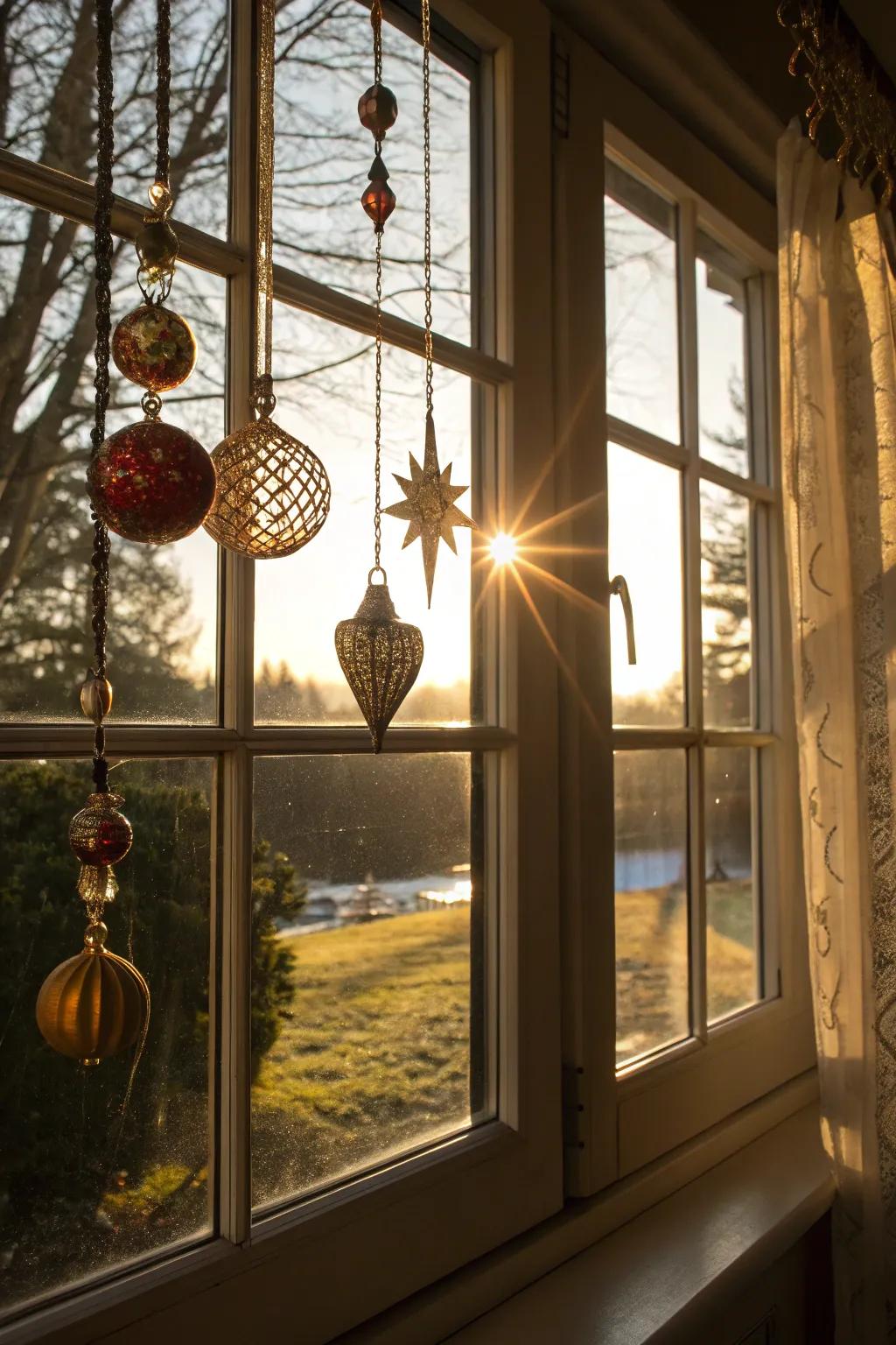 A mesmerizing suspended window arrangement featuring ornaments.