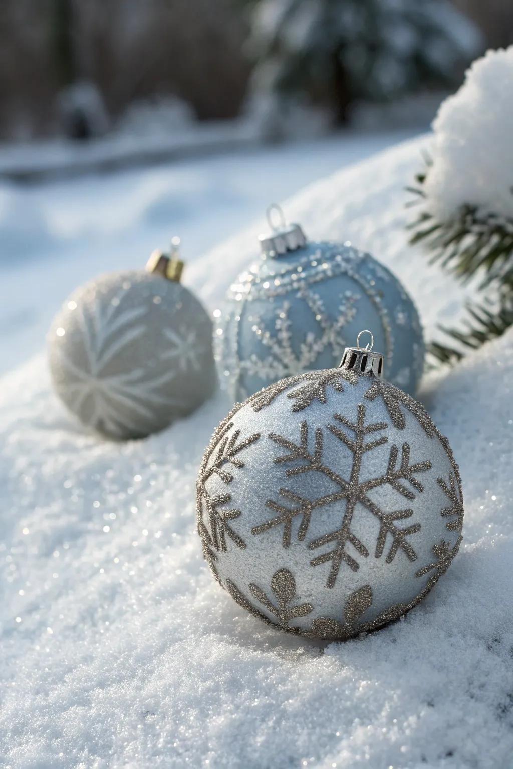 Intricate snowflake baubles deliver timeless elegance to festive decor.