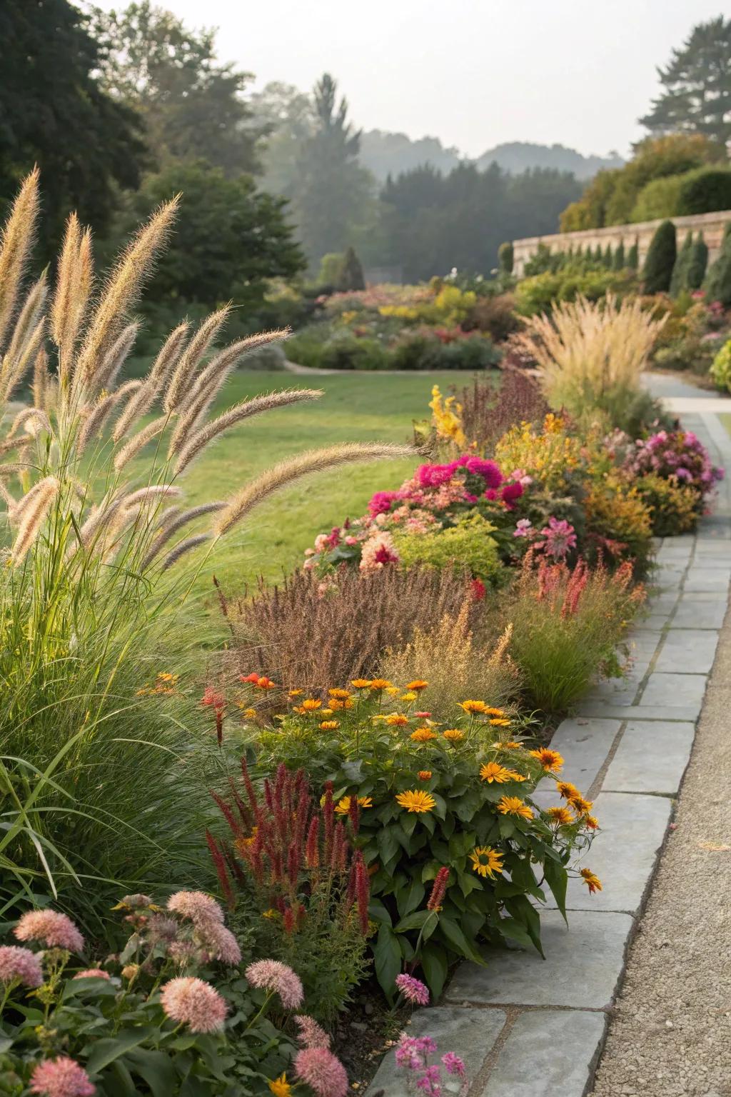 Decorative grasses matched with blossoming plants offer dynamic contrasts.