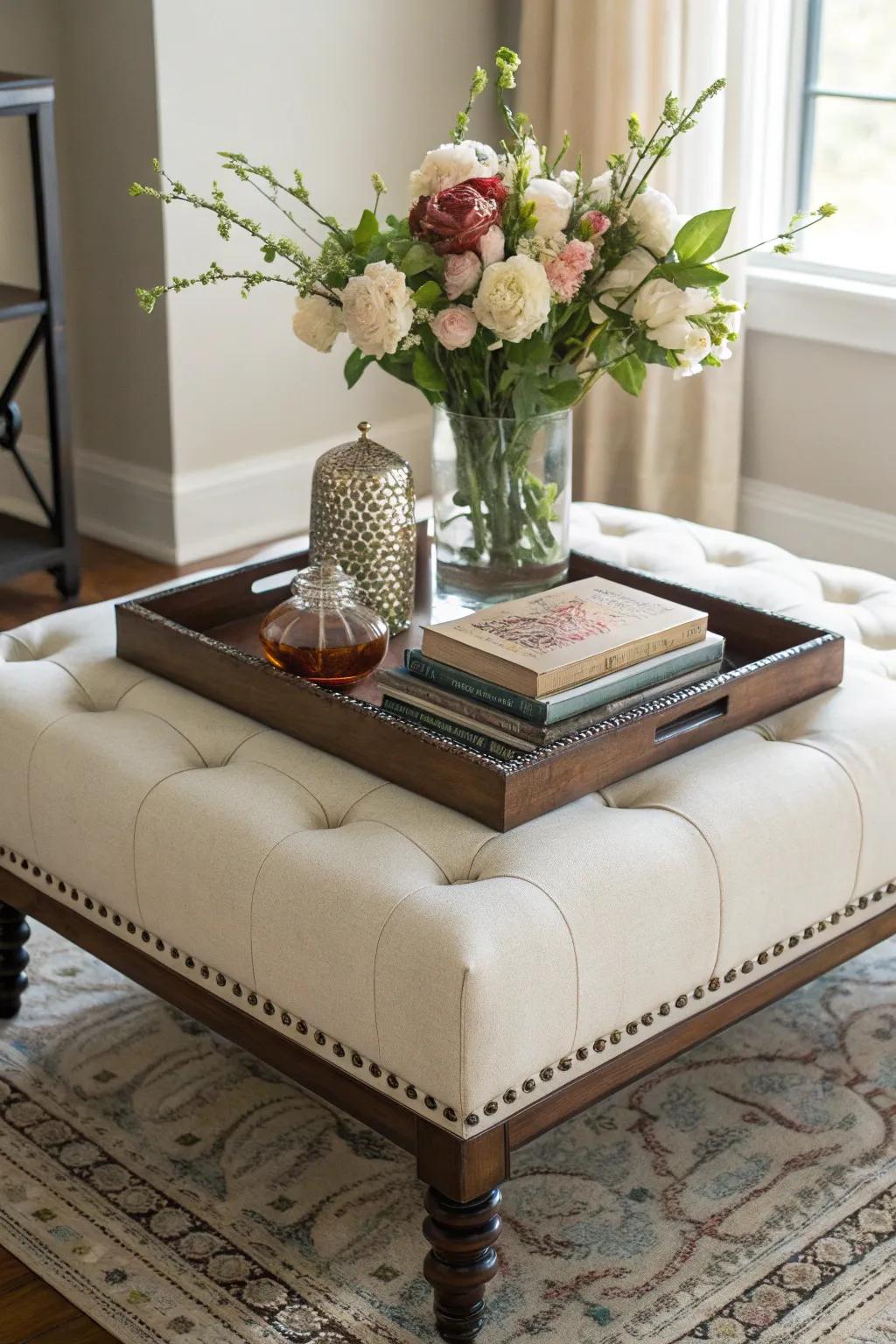 A decorative tray atop an ottoman for added flair