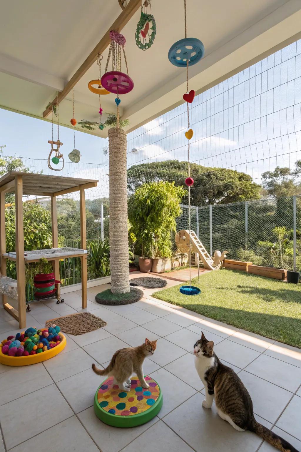 Interactive playthings and puzzles add amusement and stimulation to outdoor play.
