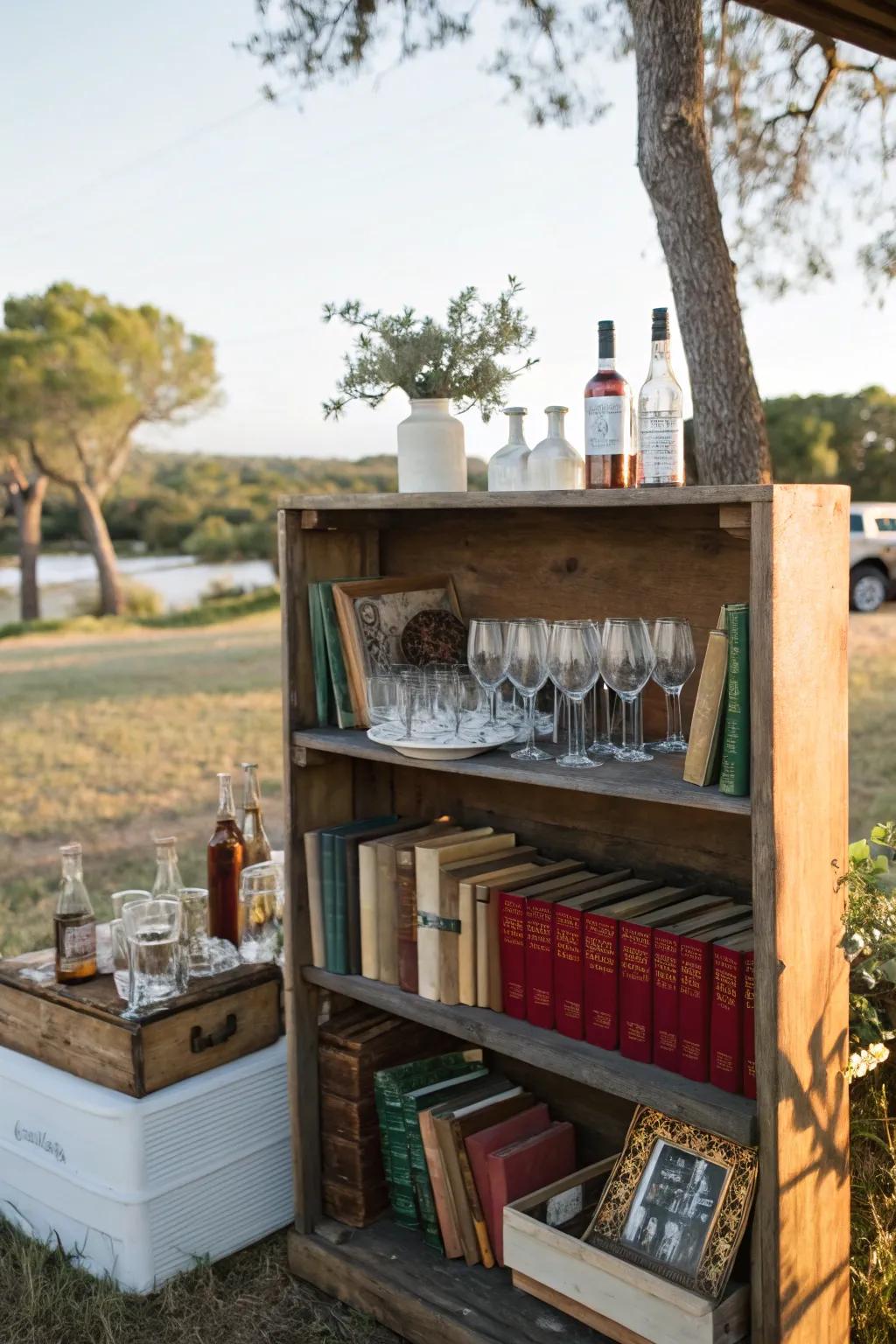 A revamped book rack creates a useful and fashionable drink station.
