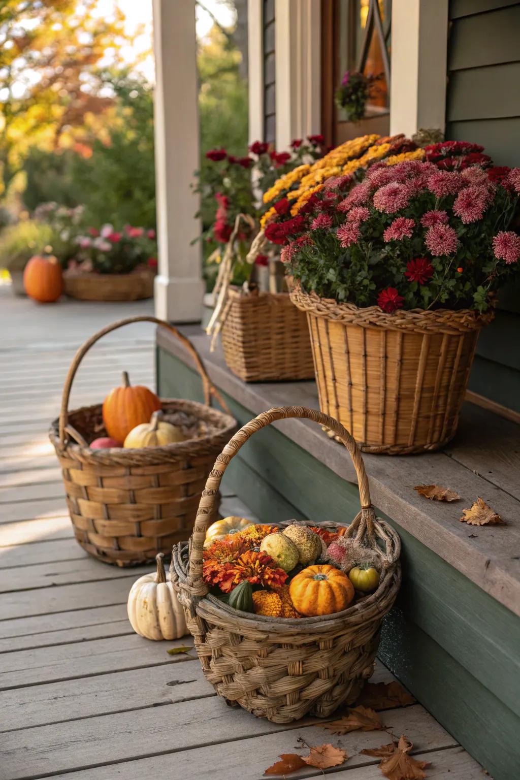 Country-style containers brimming with squashes and blossoms introduce charm to this veranda.