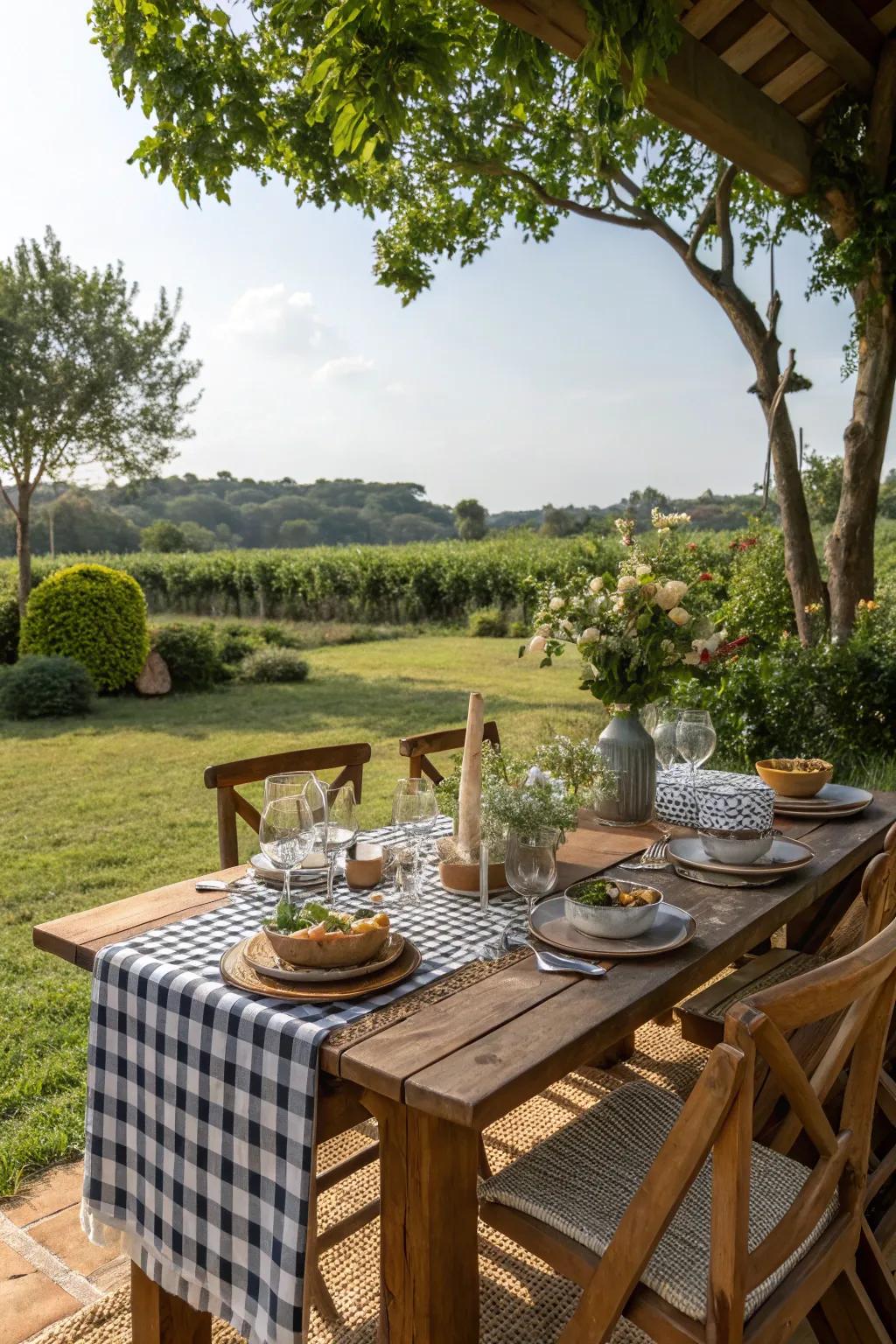 An enchanting outdoor dining space readied for a delightful meal.