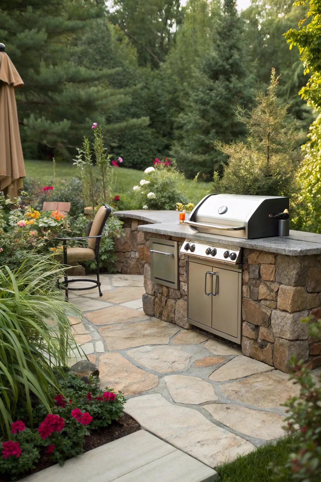 Natural elements like rocks and plants boost your grill's look.