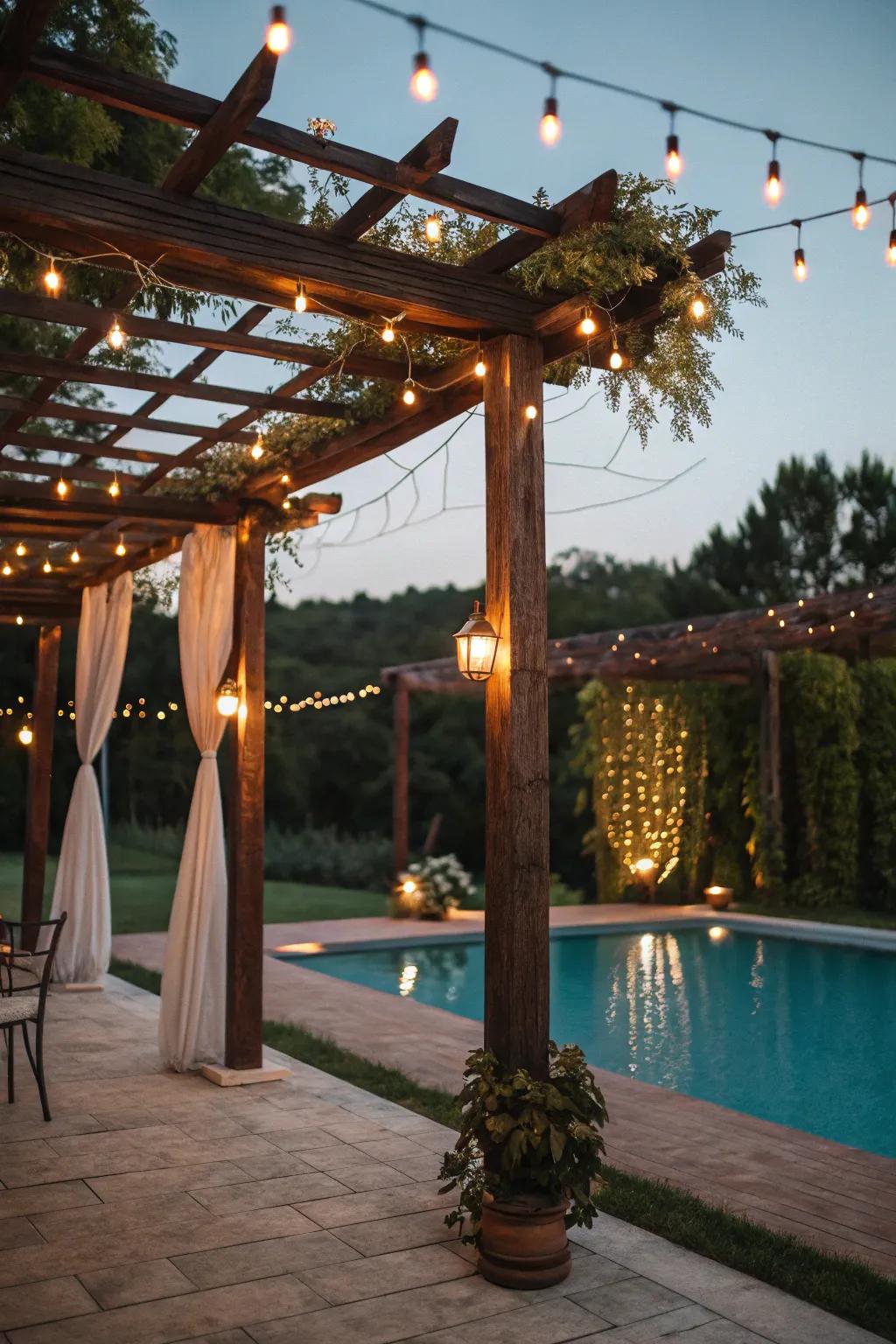 An arbor with suspended lamps transforms the poolside into a welcoming nook.