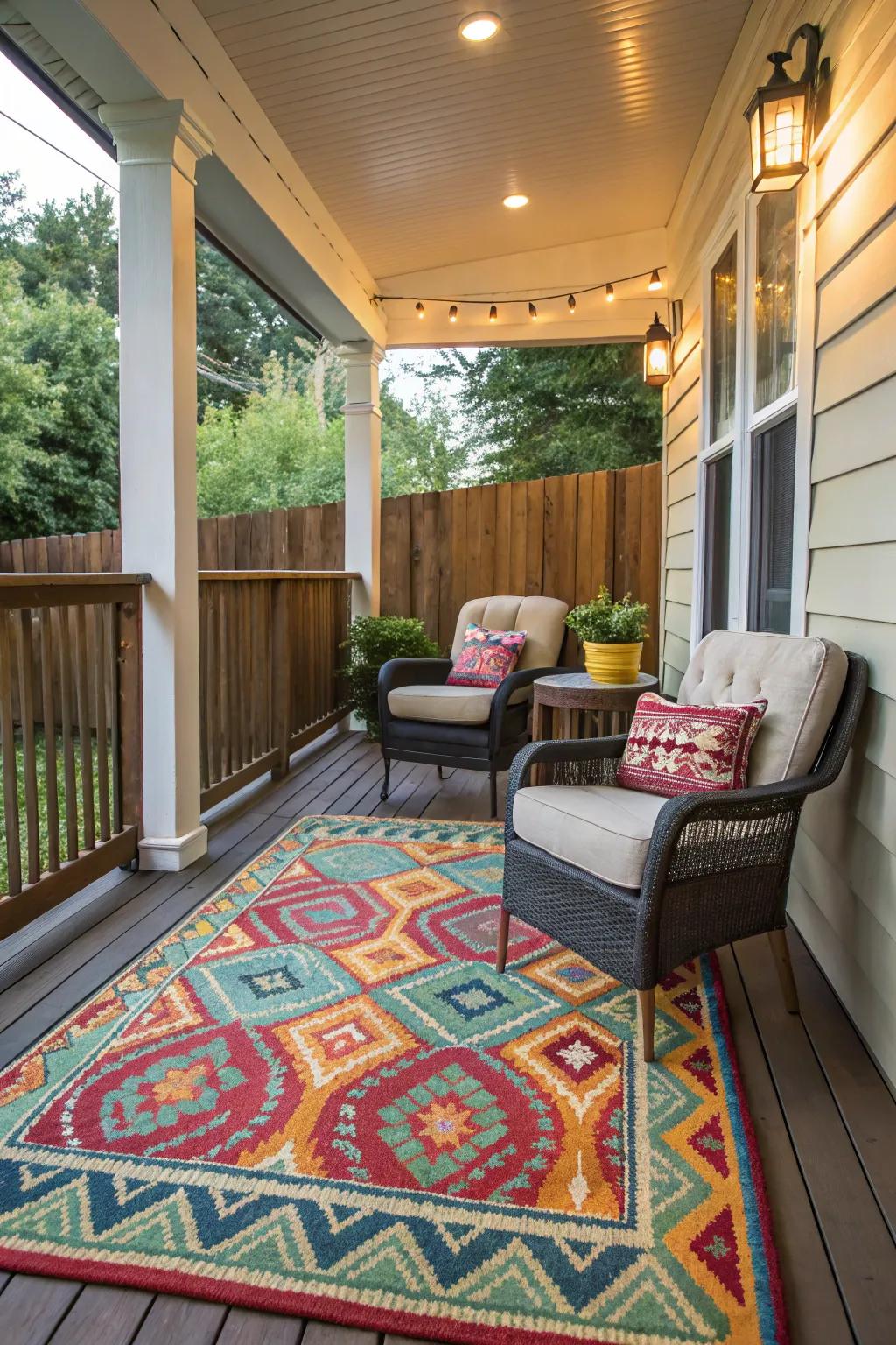 A vibrant exterior rug unifies the seating vicinity on this porch.