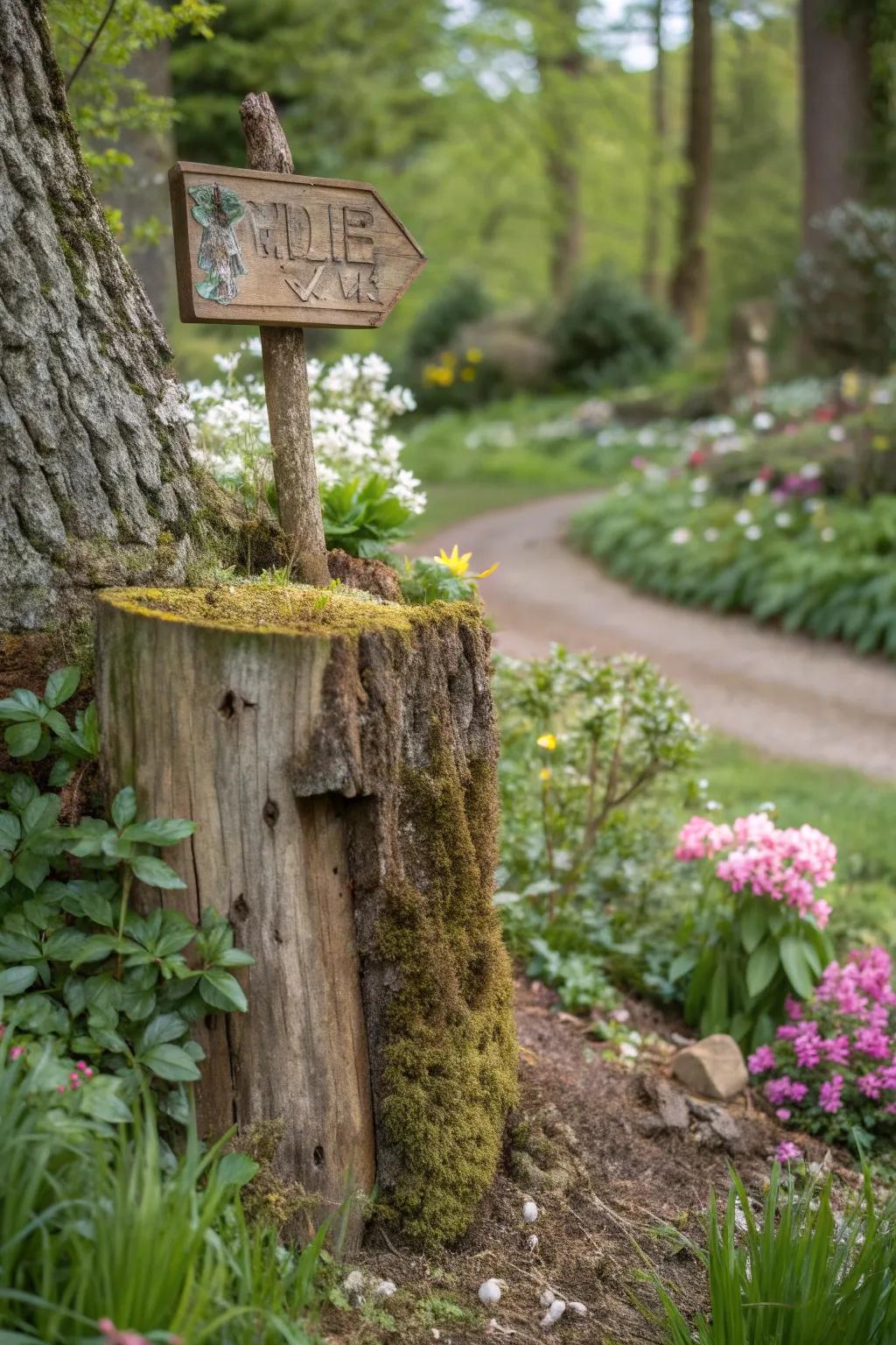 A road marker on a stump appends direction and allure to any garden.