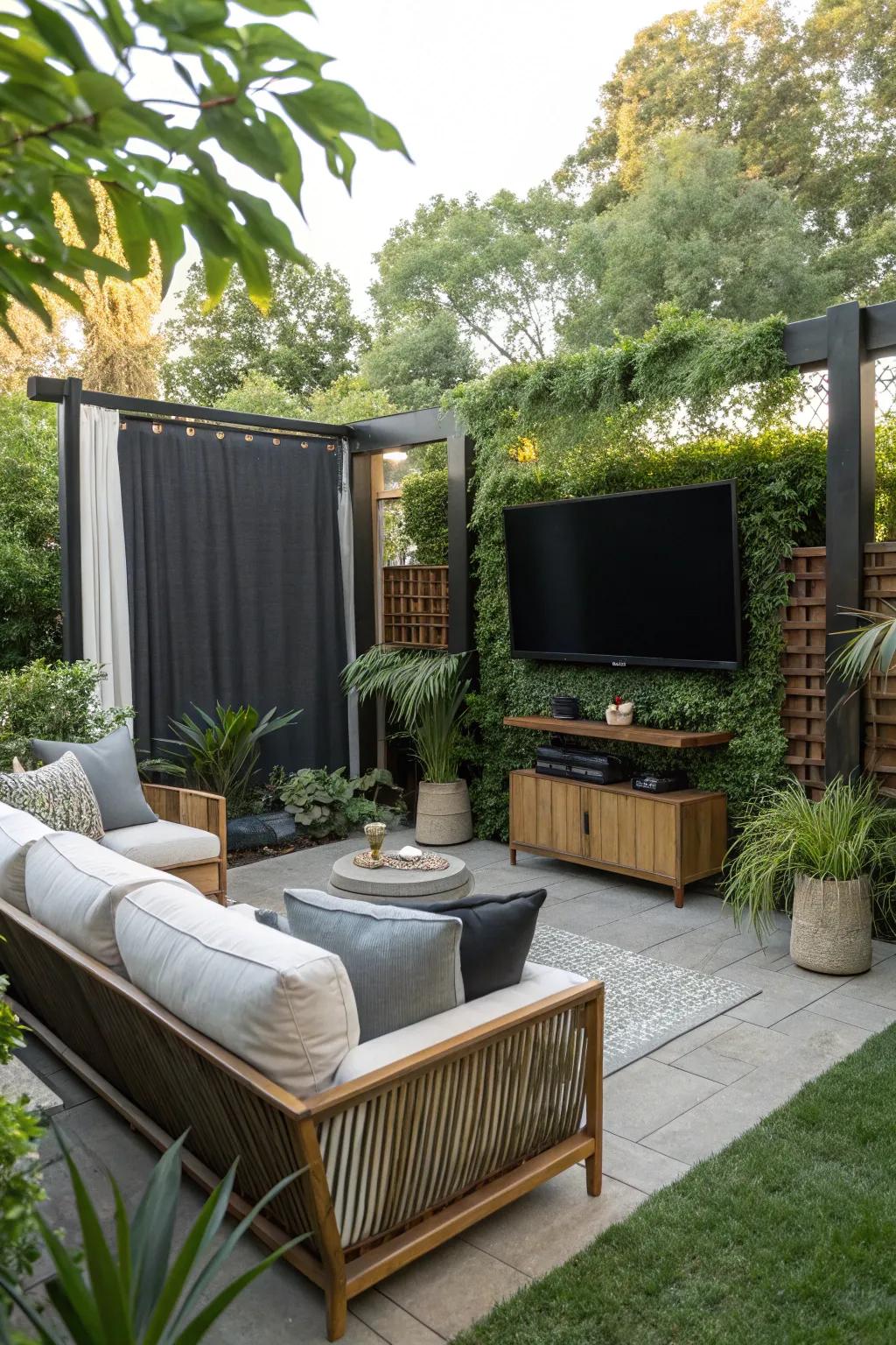 Privacy screens enhance seclusion and atmosphere within your outdoor television space.