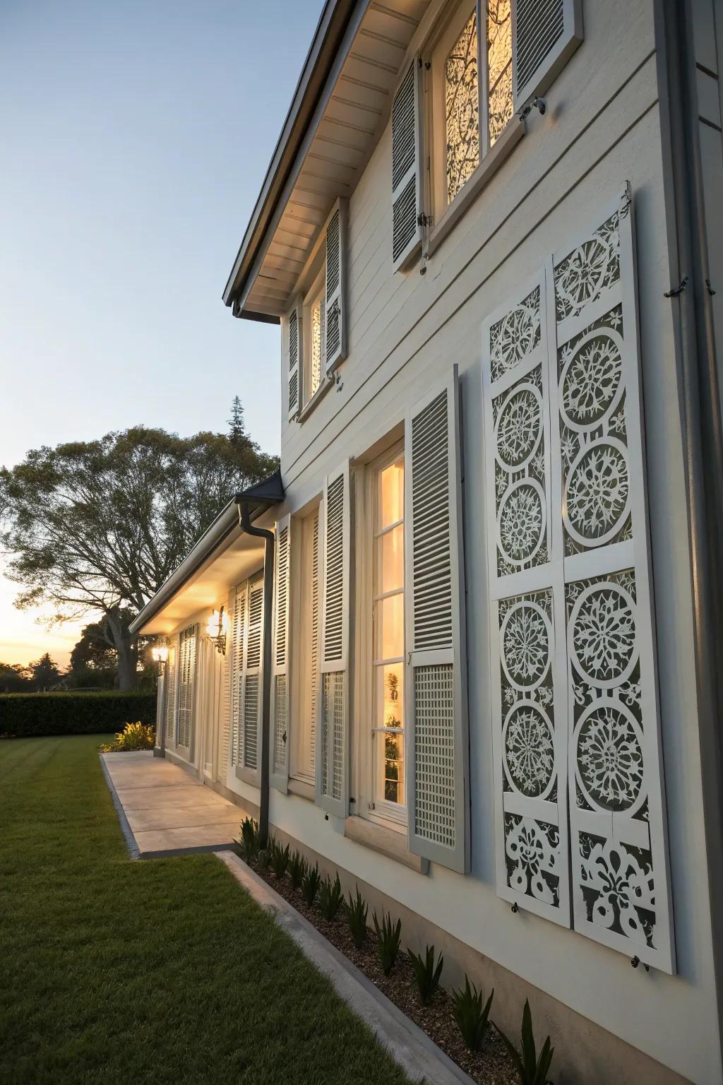 Residence featuring shutters with artistic cutout designs.