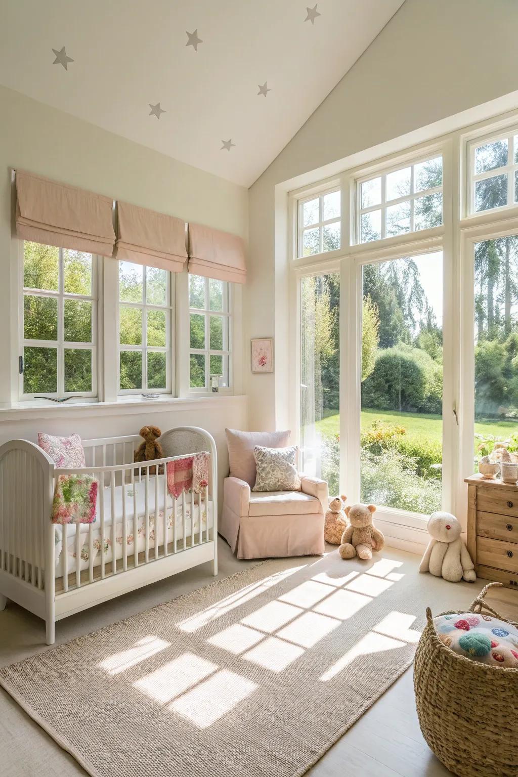 Bright and airy walls amplify natural illumination, establishing a cheerful nursery environment.