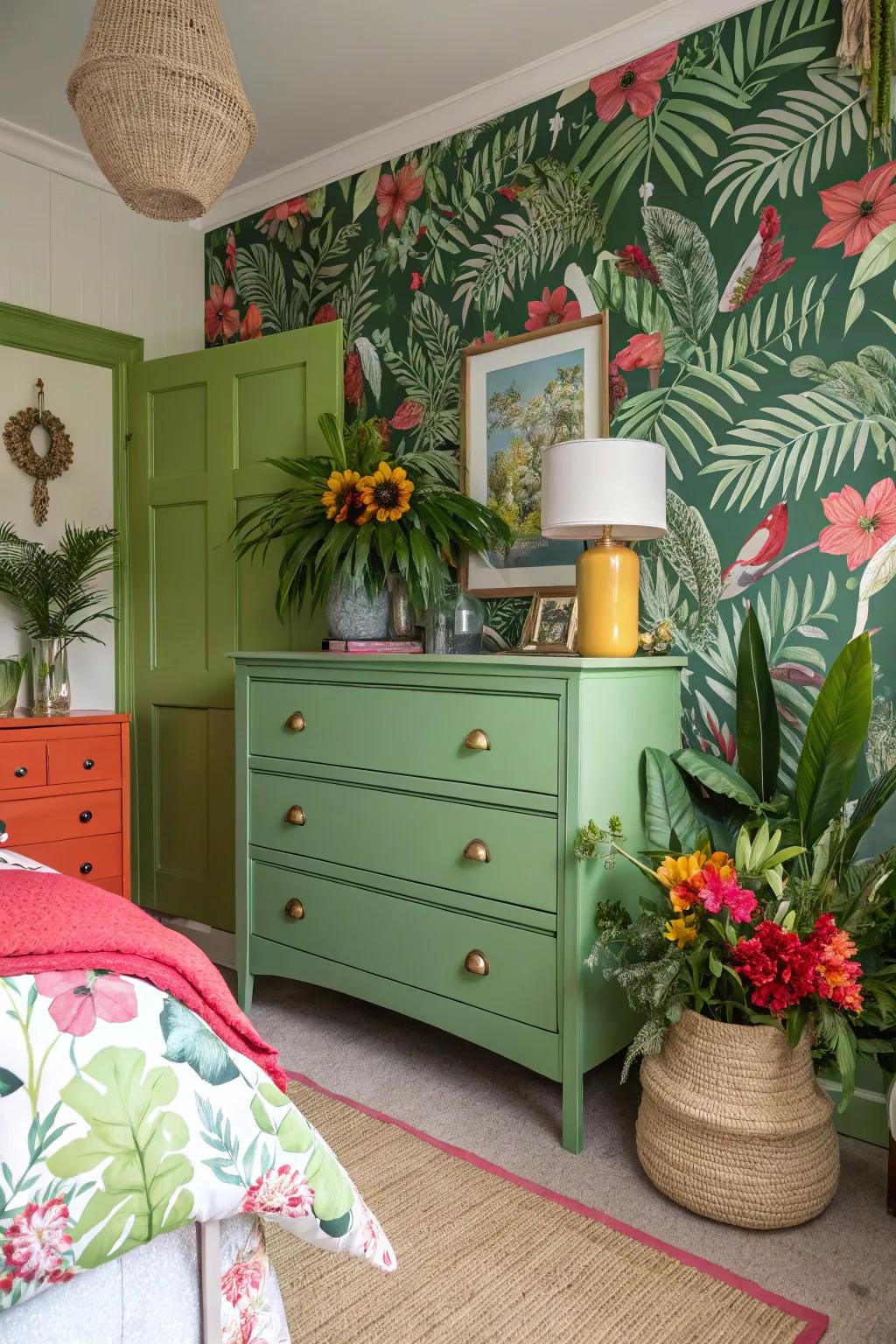 Introduce exotic charm with a tropical green dresser.