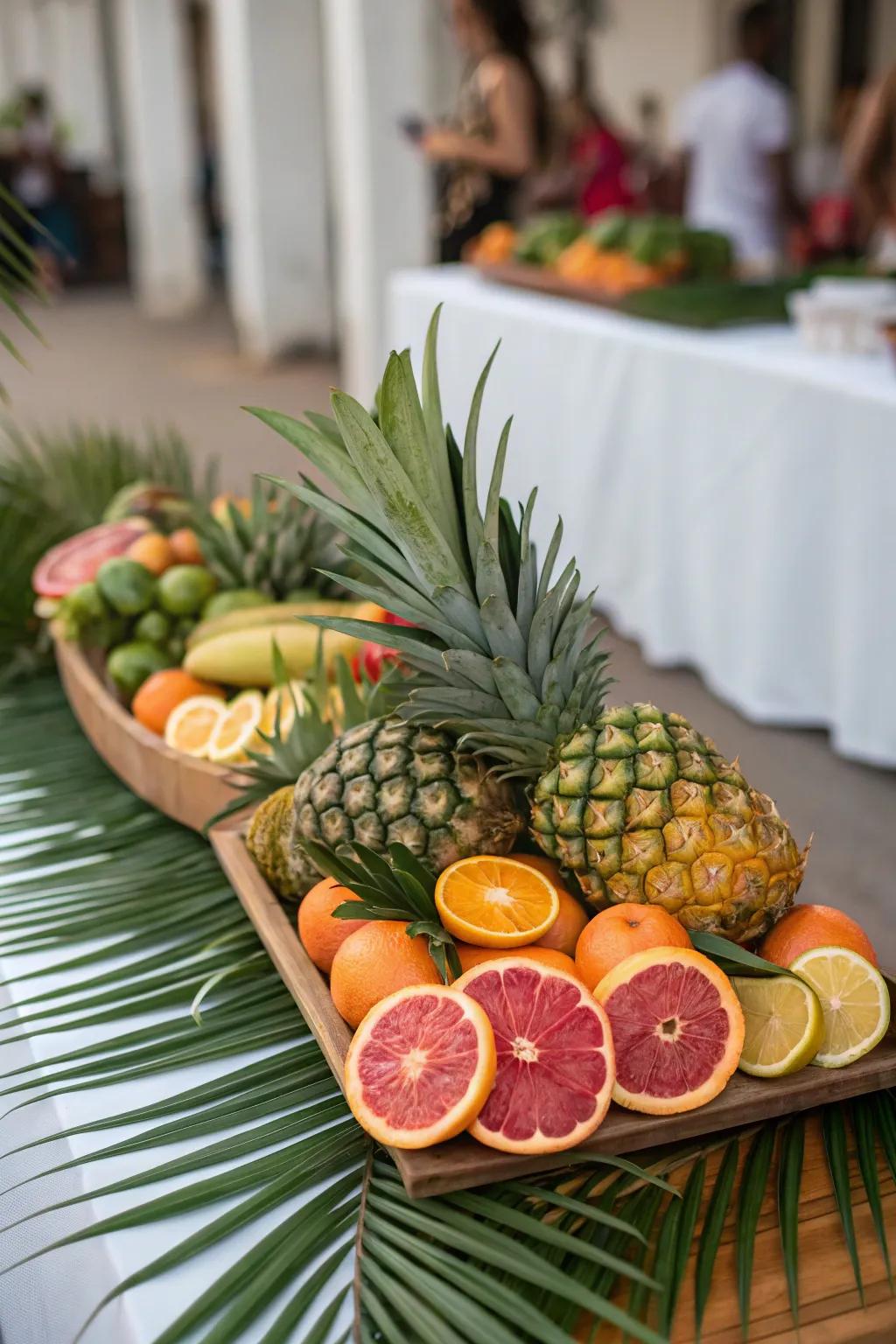 Fruits introduce a playful and invigorating element to frond table centerpieces.