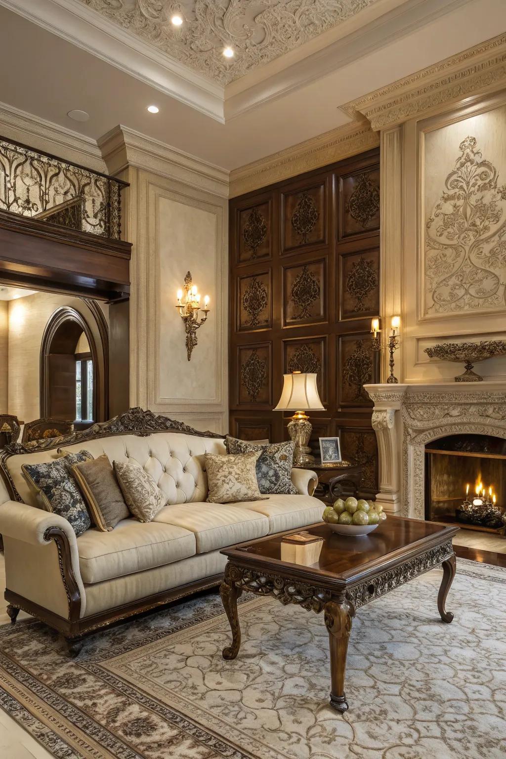 Living room featuring classic elegant panel designs.