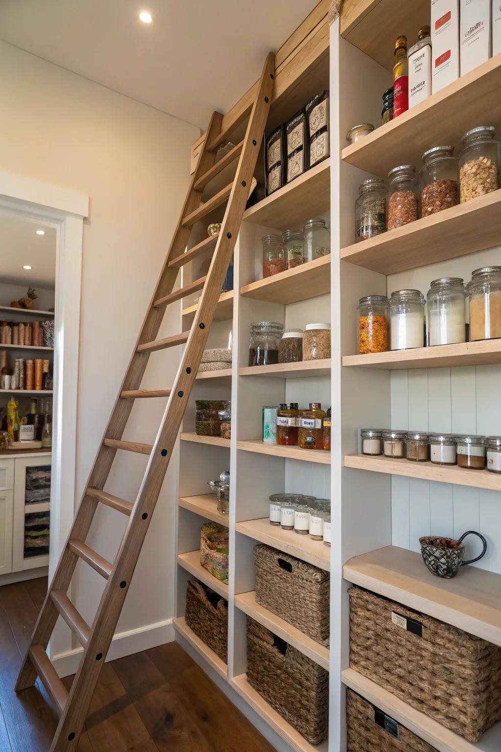 A pantry with a rolling ladder to reach the upper shelves.