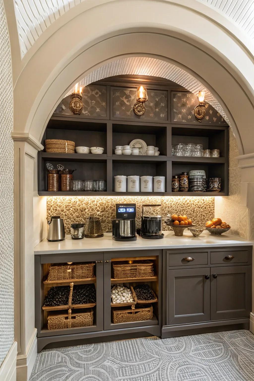 An arched design lends surprising symmetry to a coffee alcove.
