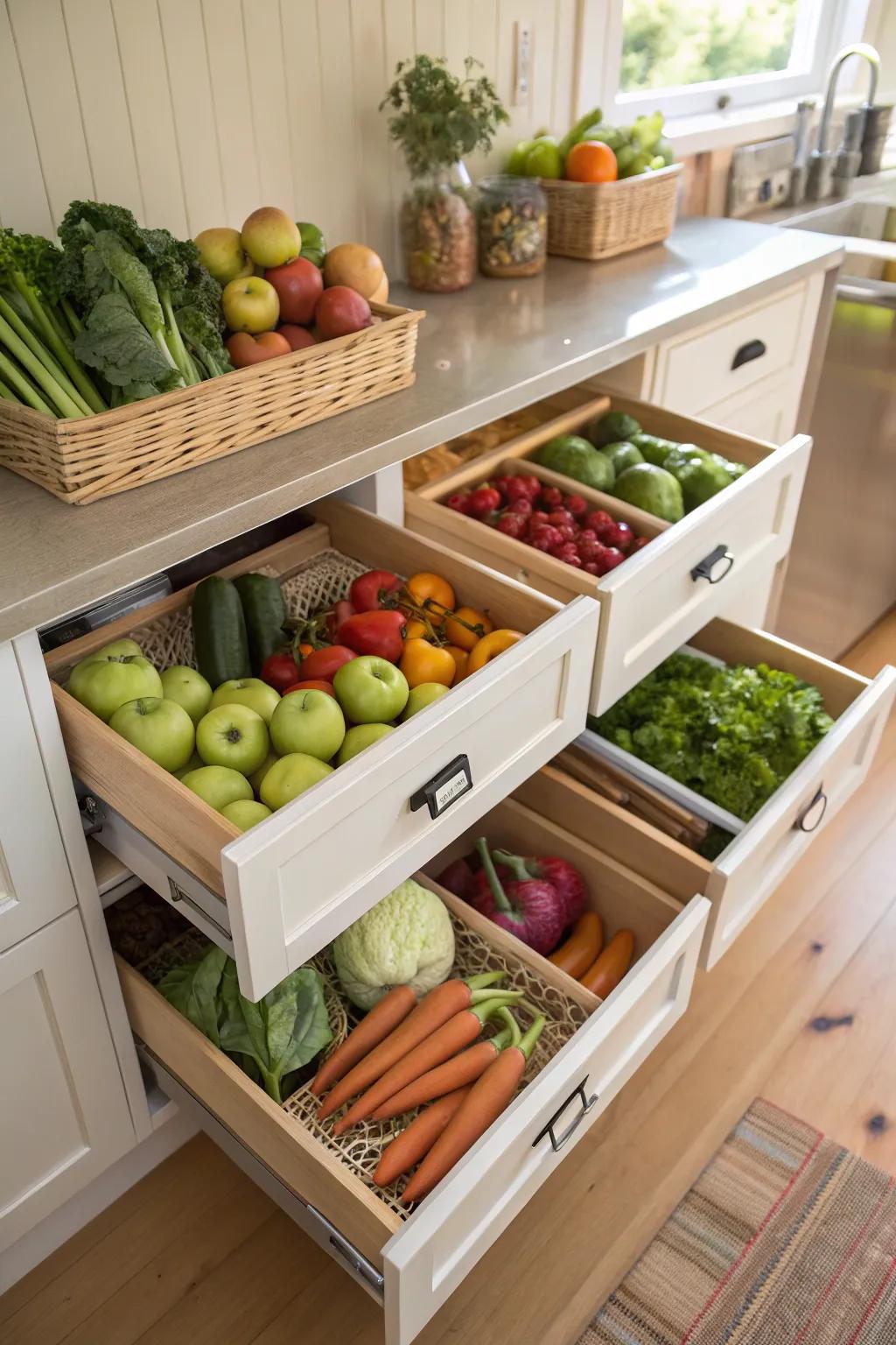 Under-the-rack drawers inside a pantry supply extra sorting and preserve produce freshness.
