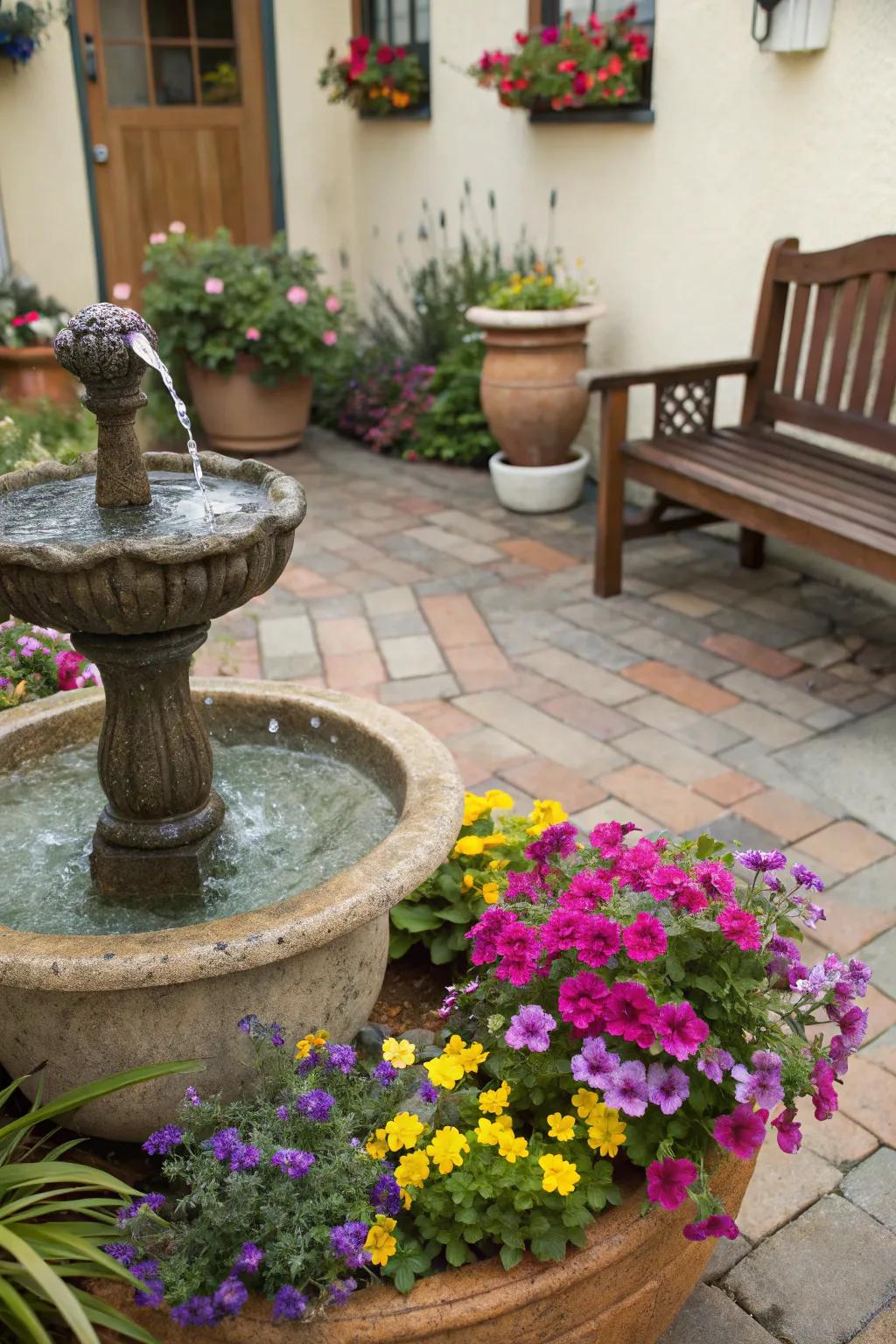 A water feature gives a small patio elegance and tranquility.
