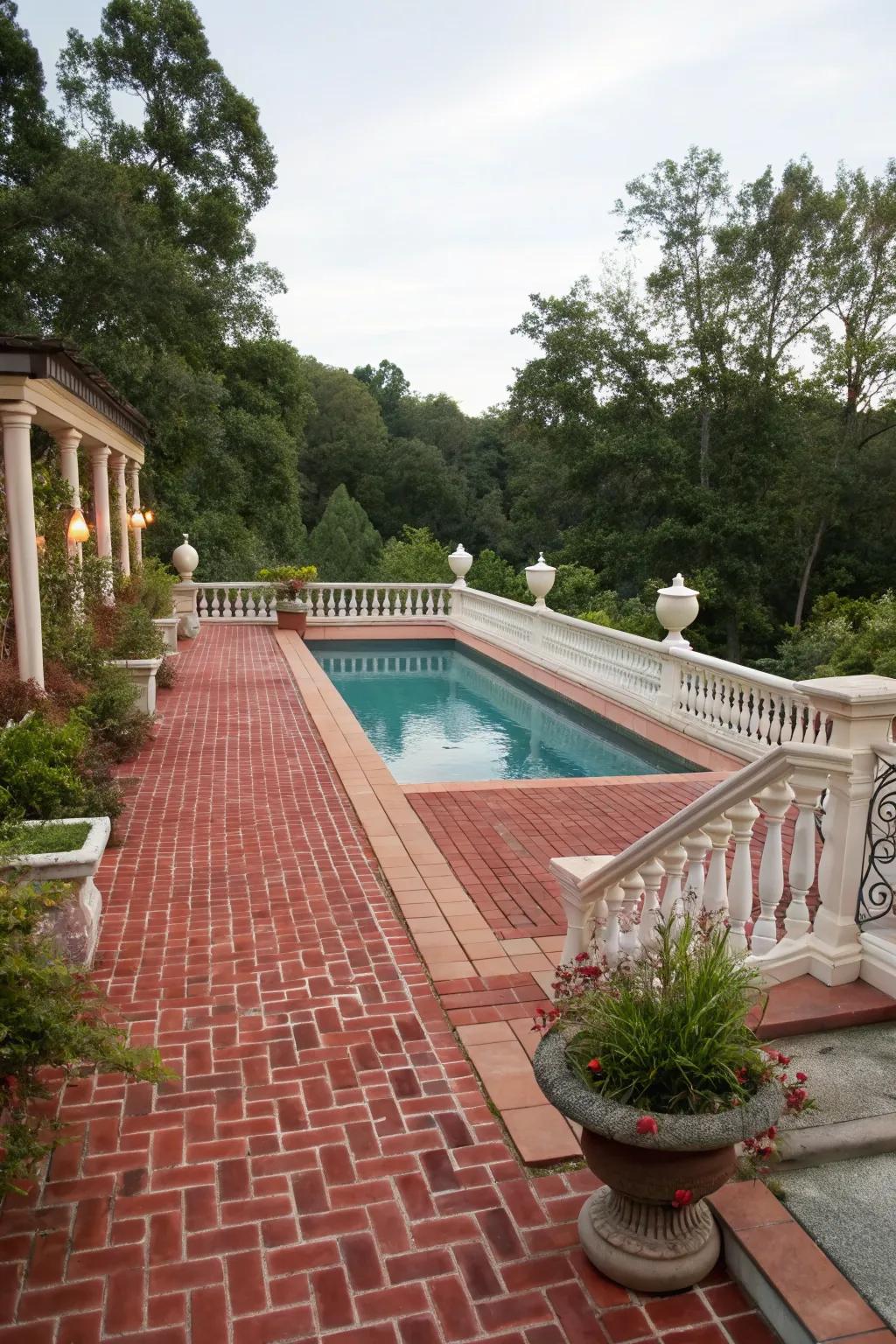 Brick pavers add warmth and a classic touch to the poolside.