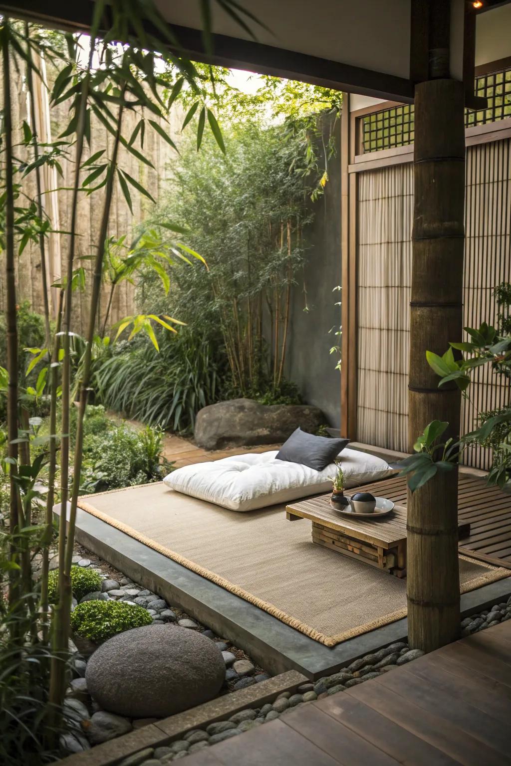 A mindfulness corner offers a peaceful escape in the garden.