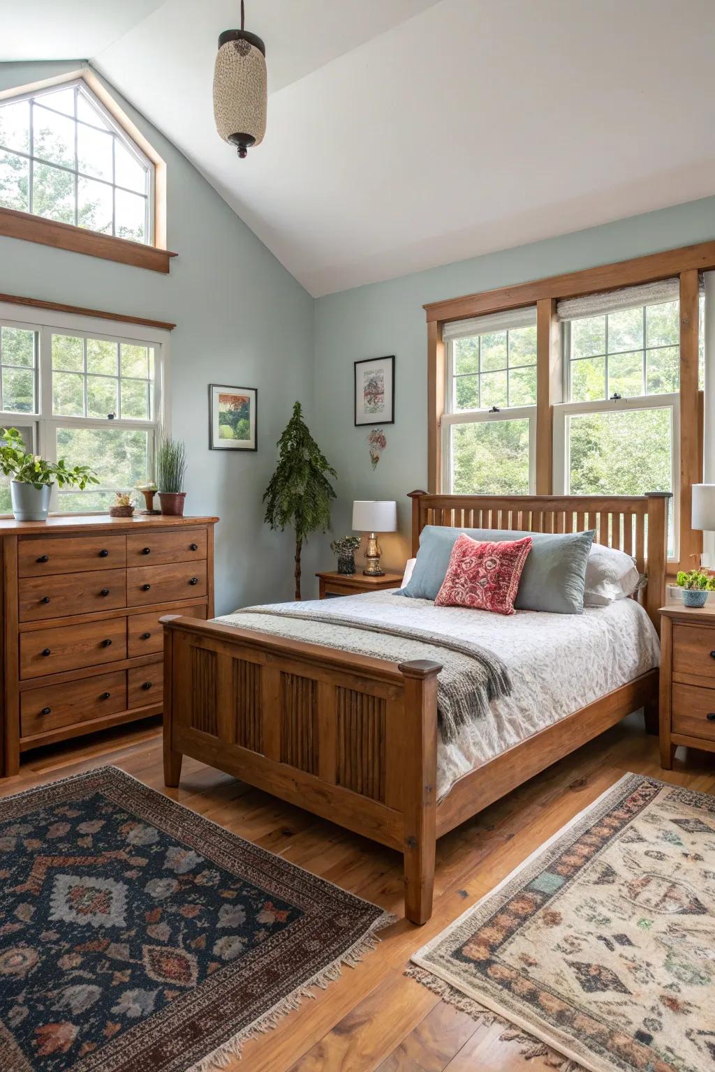 A bedroom showcasing wooden furniture that adds warmth and natural beauty.