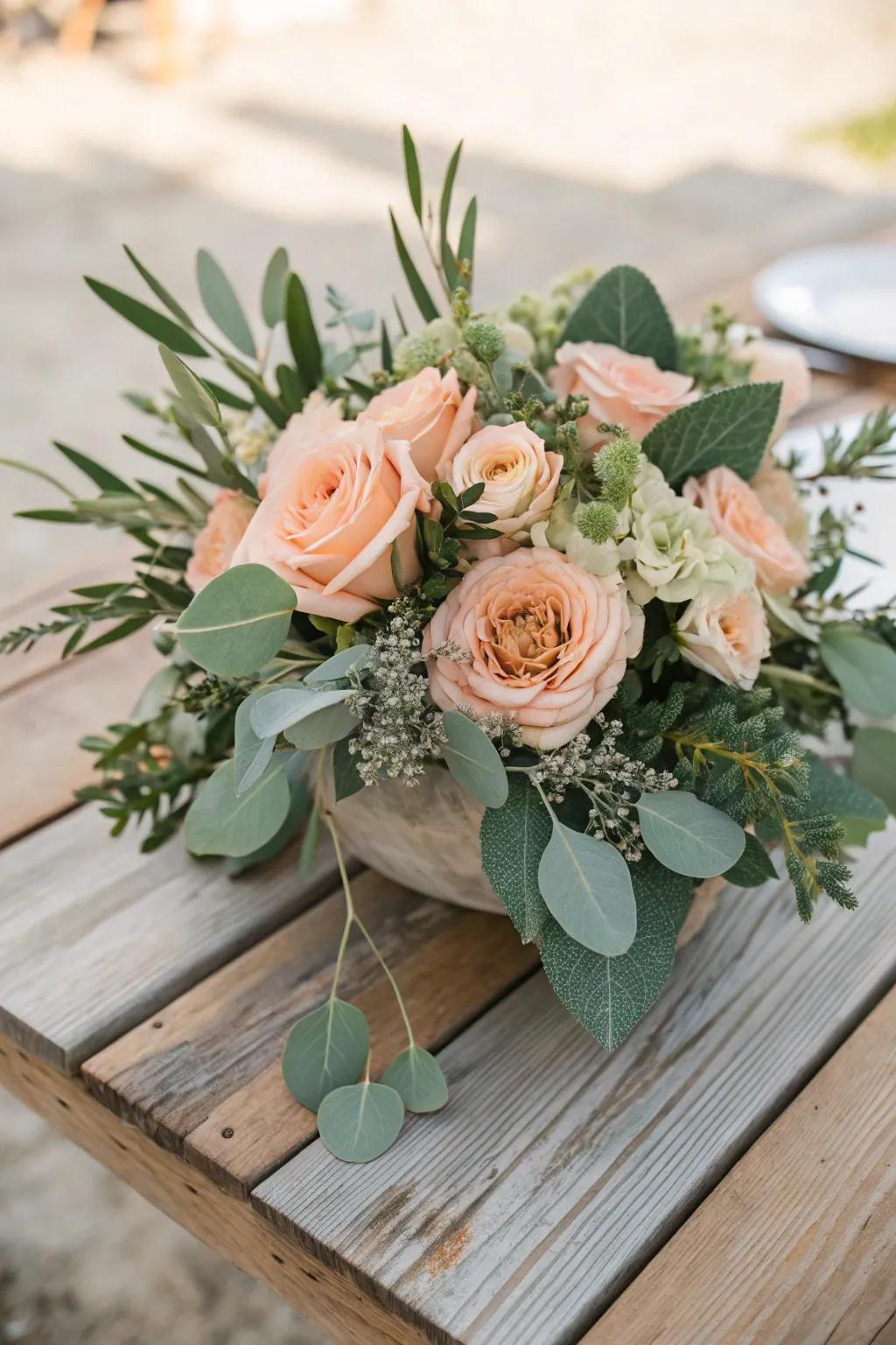 Nature-inspired peach allied with sage centerpiece geared towards an ageless panorama.