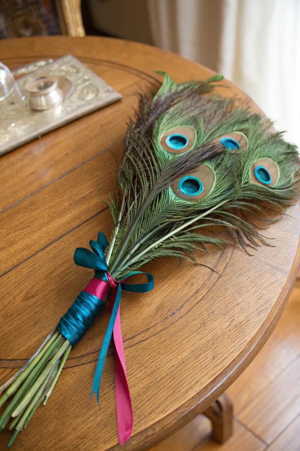 A charming focal point featuring ribbon-tied avian plumes.