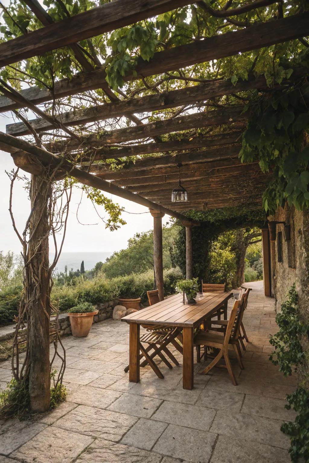 Timber accents add a hint of rustic charm to your pergola.