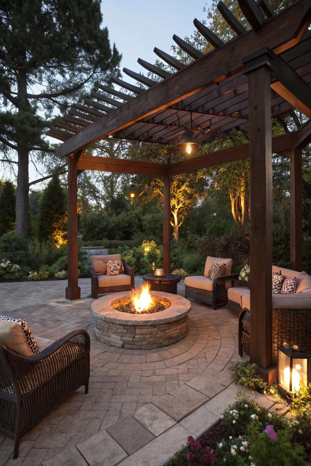 A central bonfire under the structure offers warmth and ambiance.