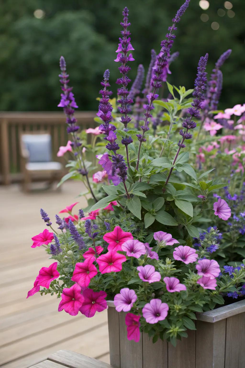 Salvia's height introduces vertical appeal to mounding petunias in containers.