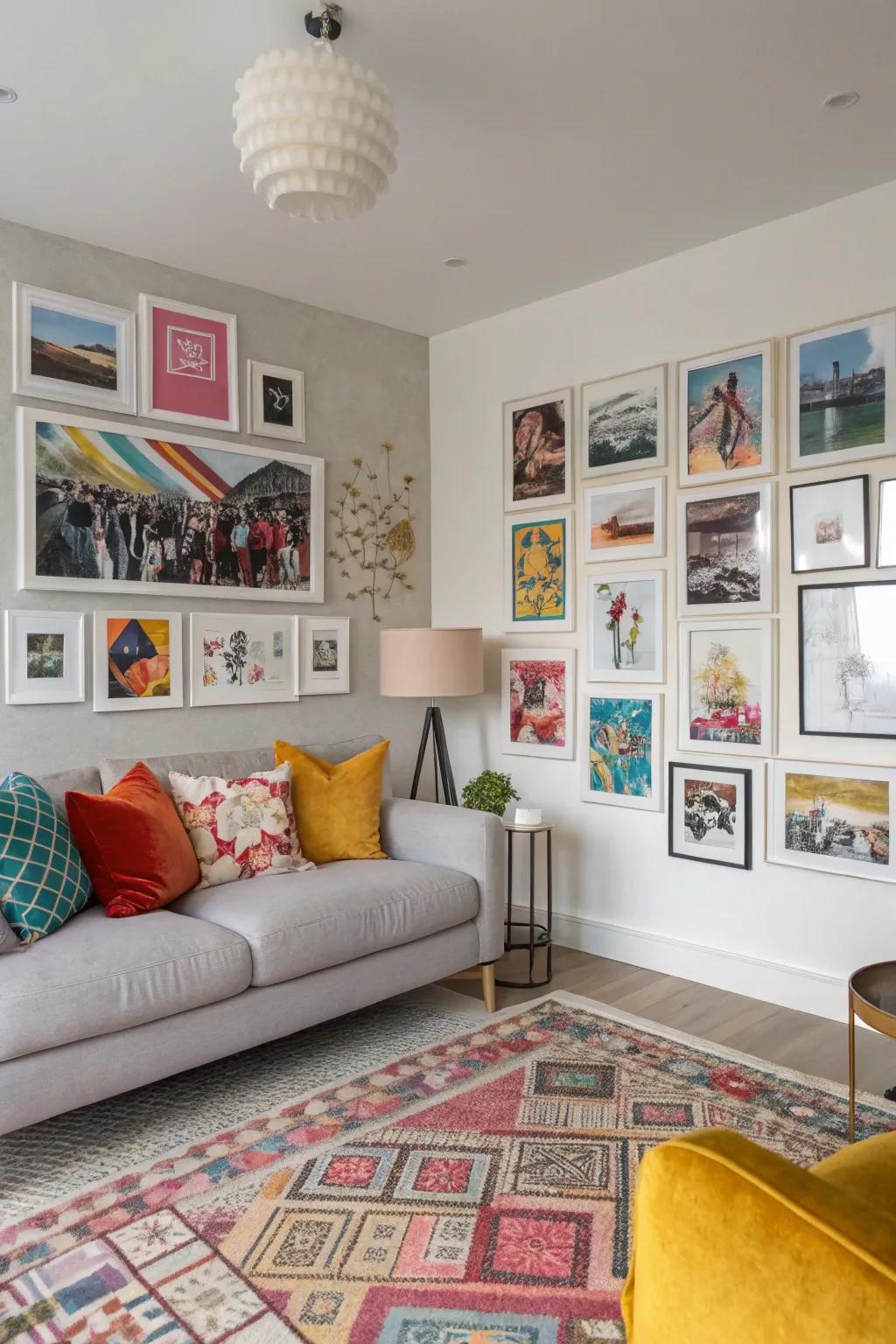 Putting artistic imprints provides more refinement and intrigue on this wall of images.