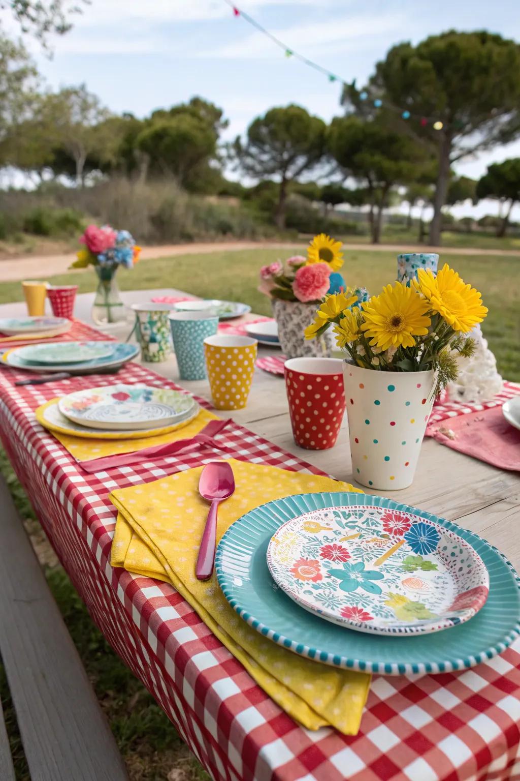 A varied mix of styles and colors gives this picnic table a unique personality.