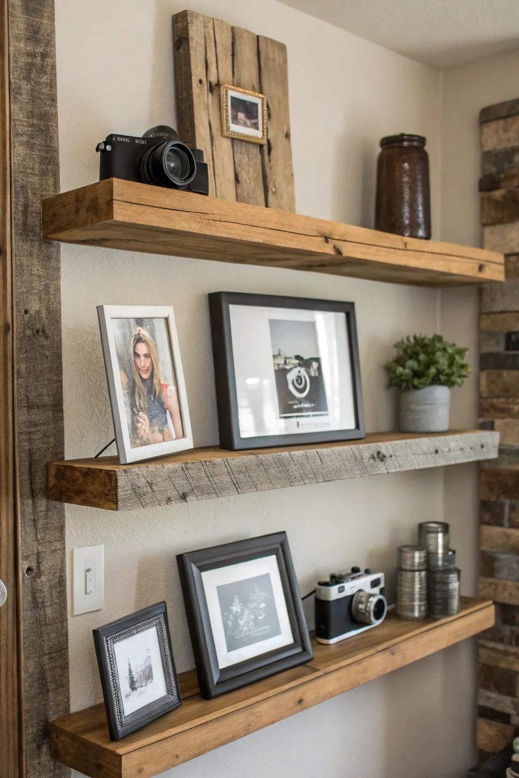 Display ledges combine rustic and modern aspects.